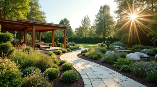 Illustration d'un jardin professionnel conçu avec harmonie entre zones minérales et végétales, montrant un espace extérieur mature et fonctionnel