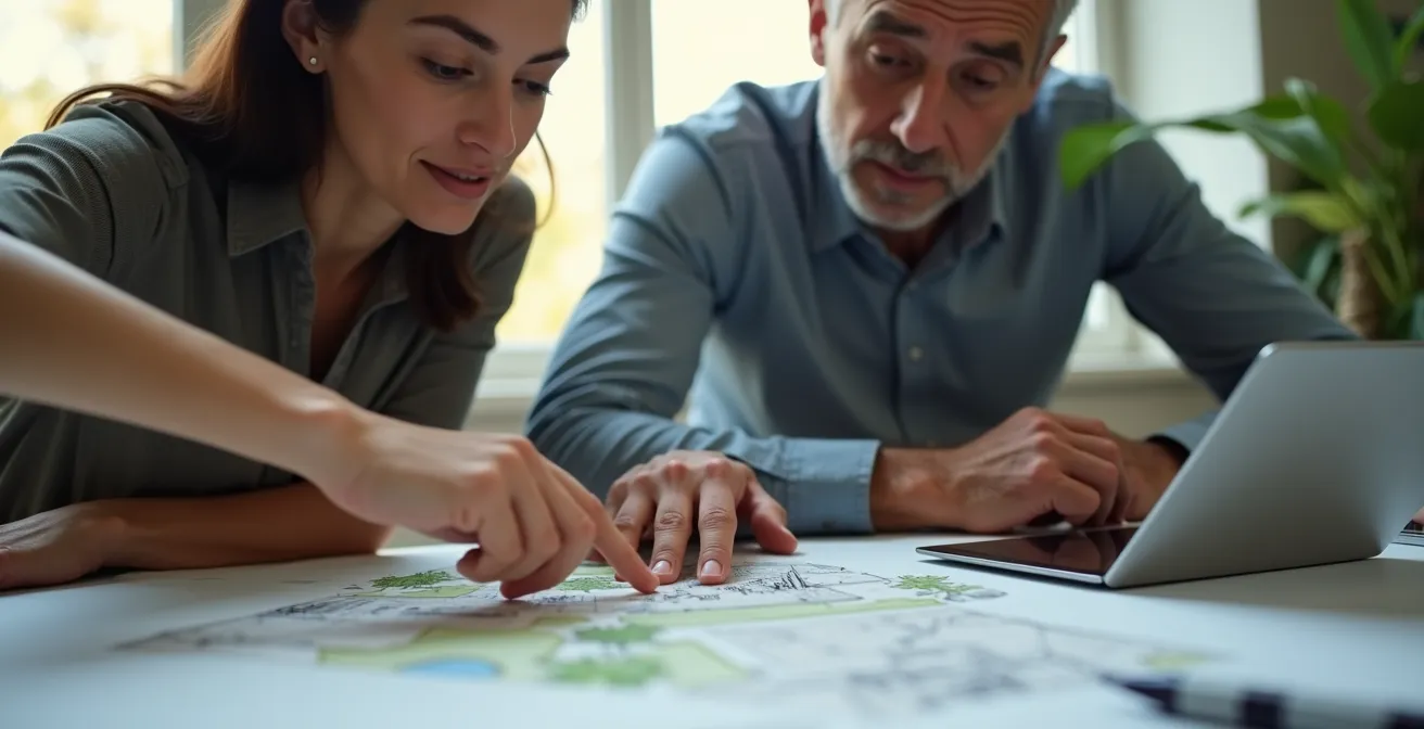 Consultation professionnel paysagiste et client examinant ensemble des esquisses et plans d'aménagement