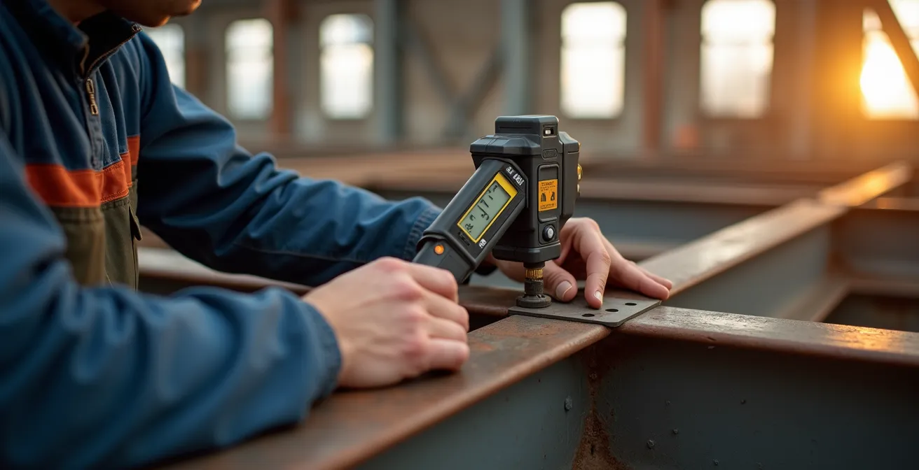 Métallier prenant des mesures précises sur site avec équipement laser