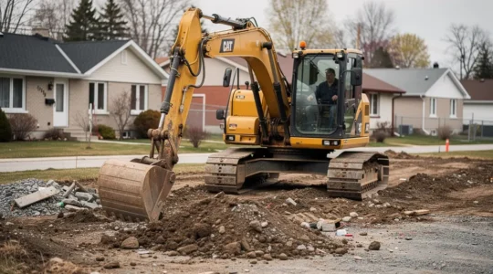 Excavatrice professionnelle creusant terrain résidentiel au Québec