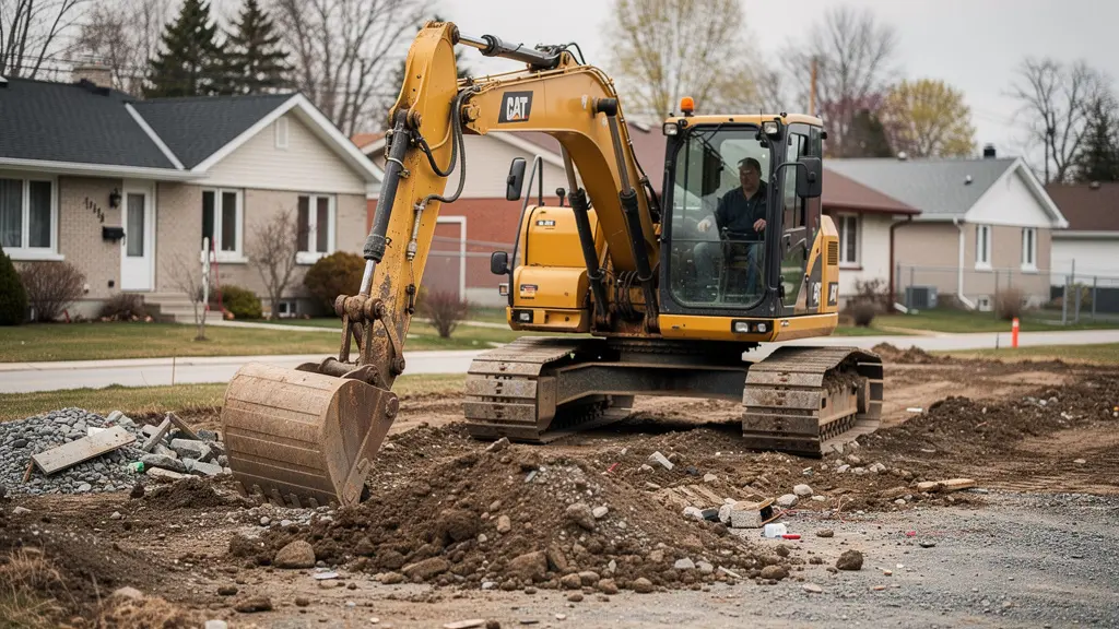 Excavatrice professionnelle creusant terrain résidentiel au Québec