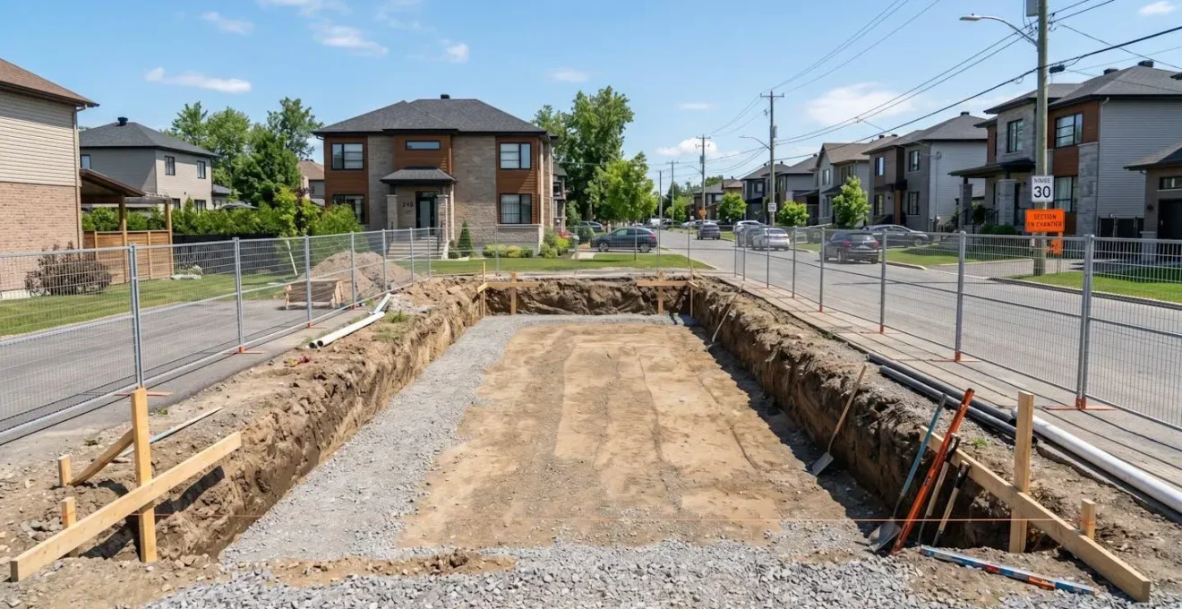 Chantier d'excavation résidentiel avec tranchée aux parois nettes et fond de forme nivelé, maisons contemporaines en arrière-plan sous ciel lumineux