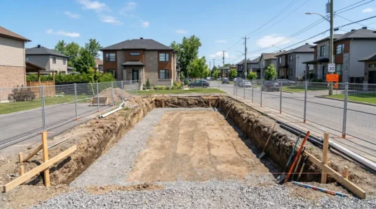 Chantier d'excavation résidentiel avec tranchée aux parois nettes et fond de forme nivelé, maisons contemporaines en arrière-plan sous ciel lumineux