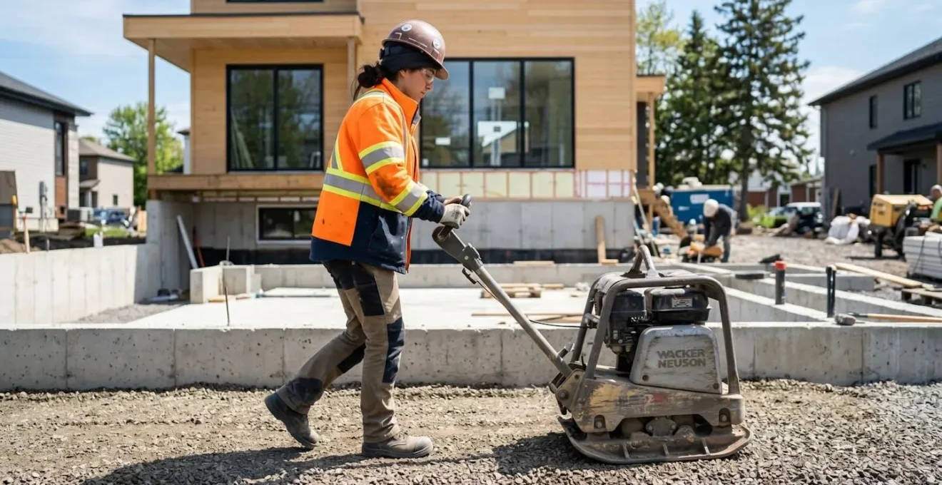 Opérateur de dos guidant une plaque vibrante sur une couche de remblai granulaire lors de travaux de compactage sur chantier résidentiel