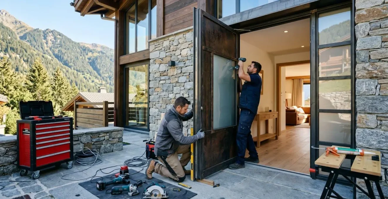 Installation professionnelle d'une porte blindée dans une habitation en Haute-Savoie par des techniciens qualifiés