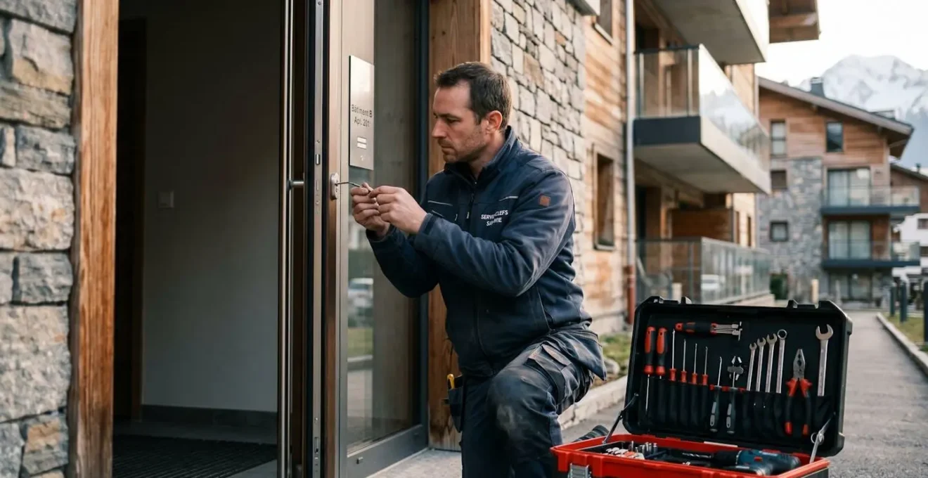 Serrurier professionnel en intervention sur une porte d'entrée moderne en Haute-Savoie, outillage spécialisé visible