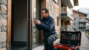 Serrurier professionnel en intervention sur une porte d'entrée moderne en Haute-Savoie, outillage spécialisé visible