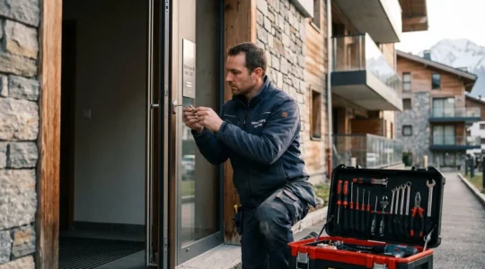 Serrurier professionnel en intervention sur une porte d'entrée moderne en Haute-Savoie, outillage spécialisé visible