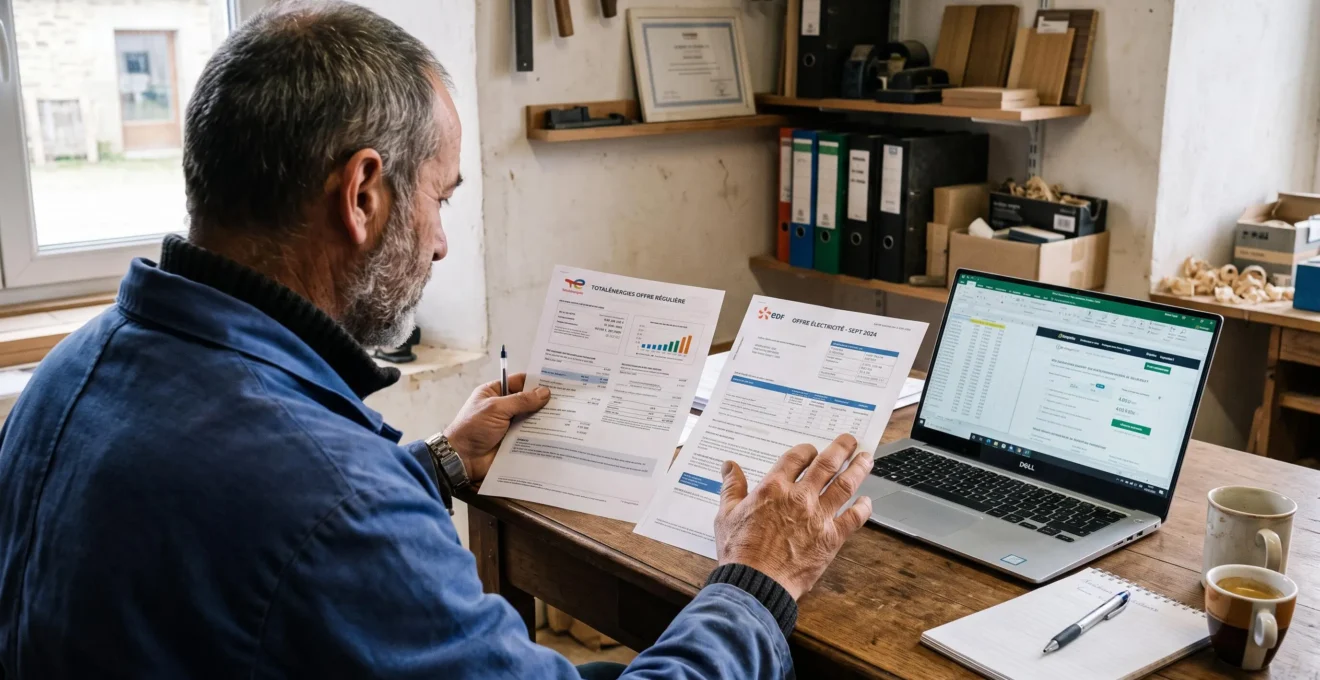 Un artisan compare deux offres d'électricité posées sur sa table.