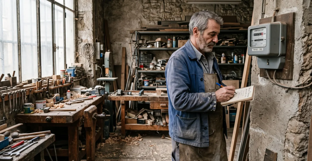 Un artisan relève son compteur électrique dans son atelier.