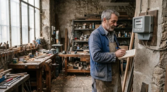 Un artisan relève son compteur électrique dans son atelier.