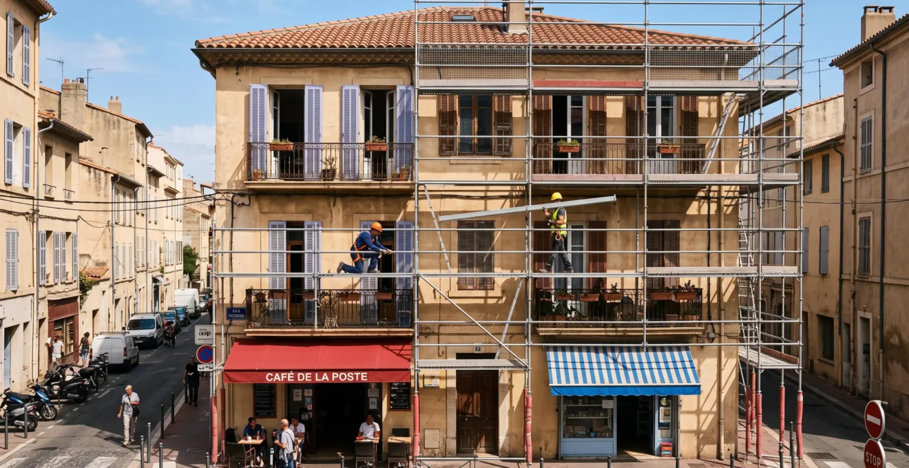 Ouvriers montant un échafaudage de façade contre un immeuble ancien à Marseille.