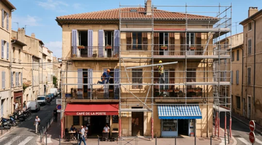 Ouvriers montant un échafaudage de façade contre un immeuble ancien à Marseille.