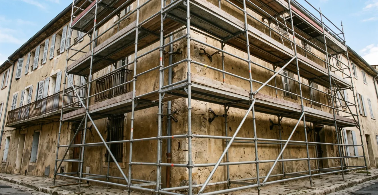 Structure d'un échafaudage multicoupleur fixée à la façade d'une copropriété.
