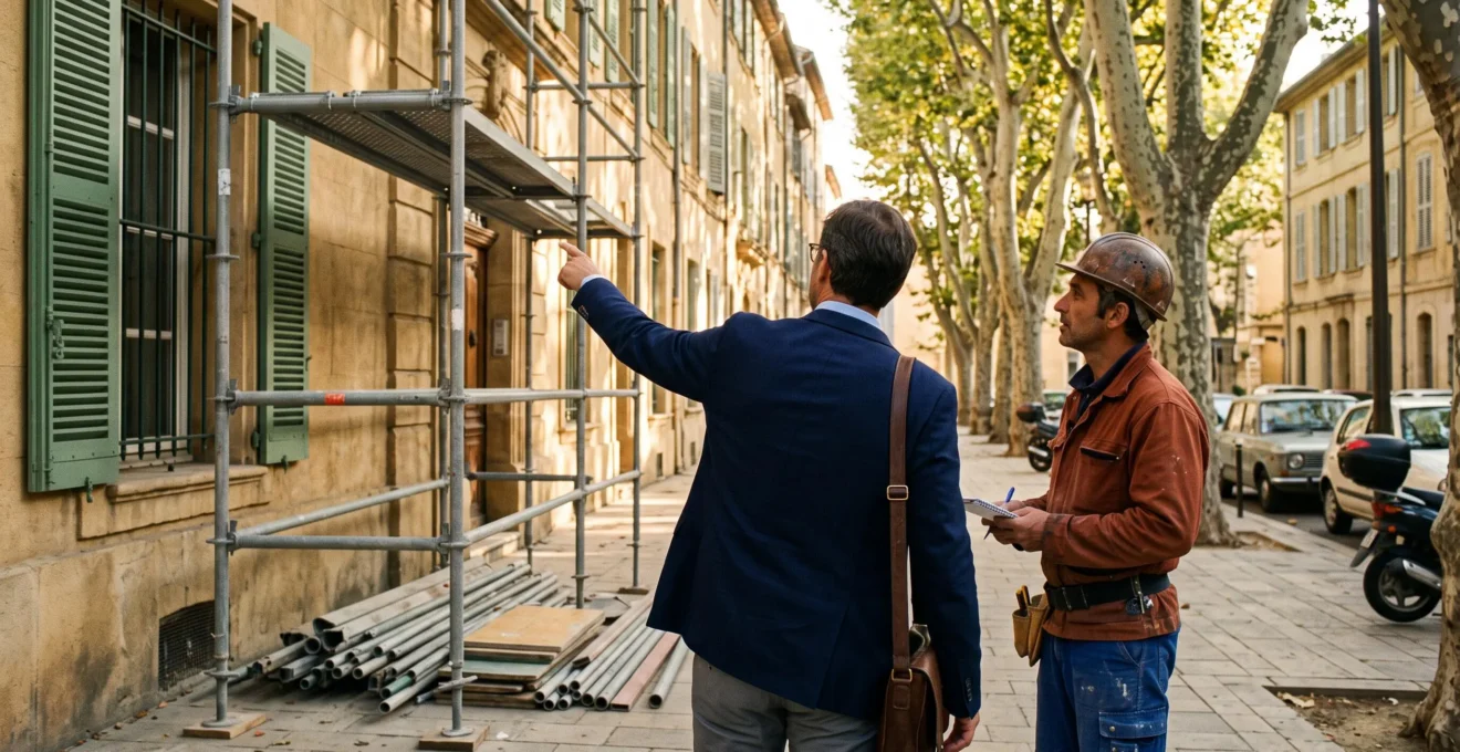 Un responsable de copropriété discute avec un artisan devant un échafaudage démonté.
