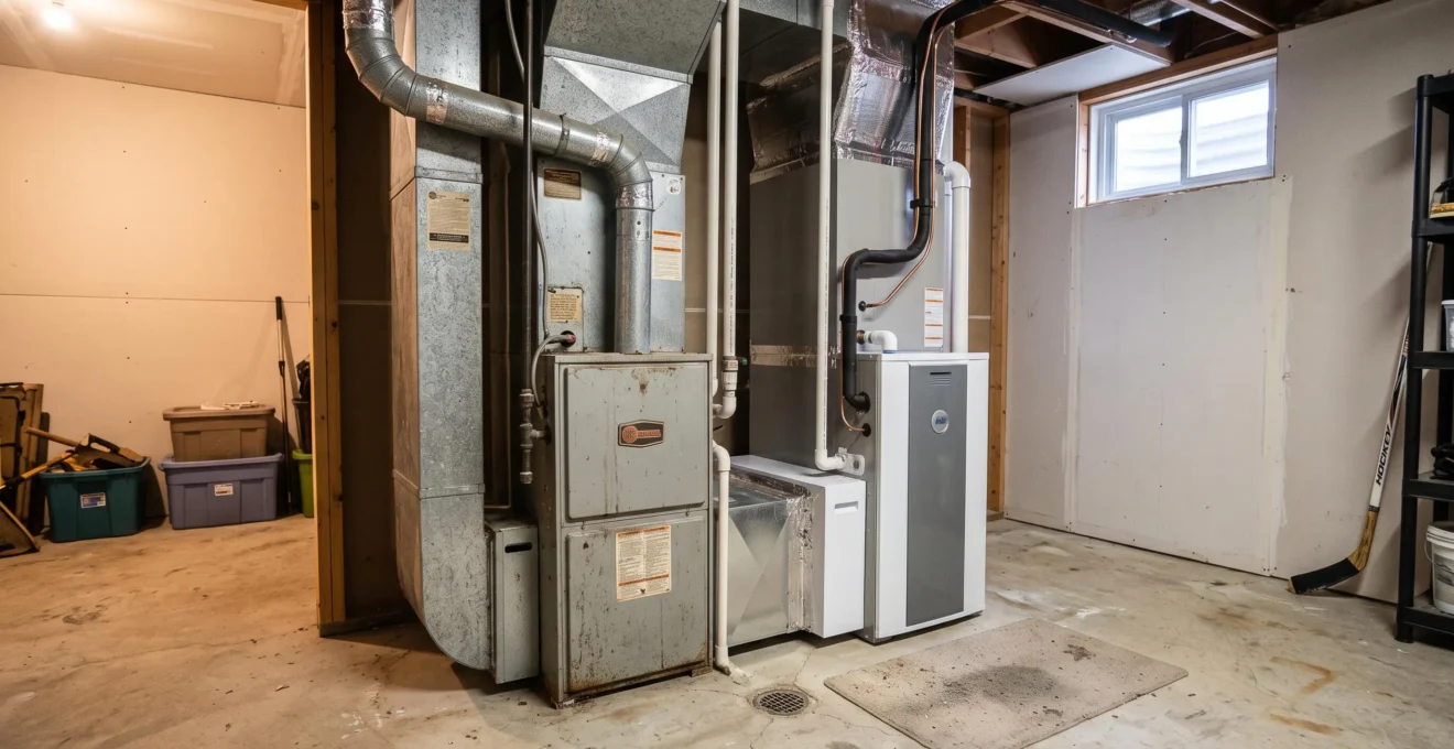 Une fournaise au gaz et un ventilo-convecteur de thermopompe dans un sous-sol résidentiel.