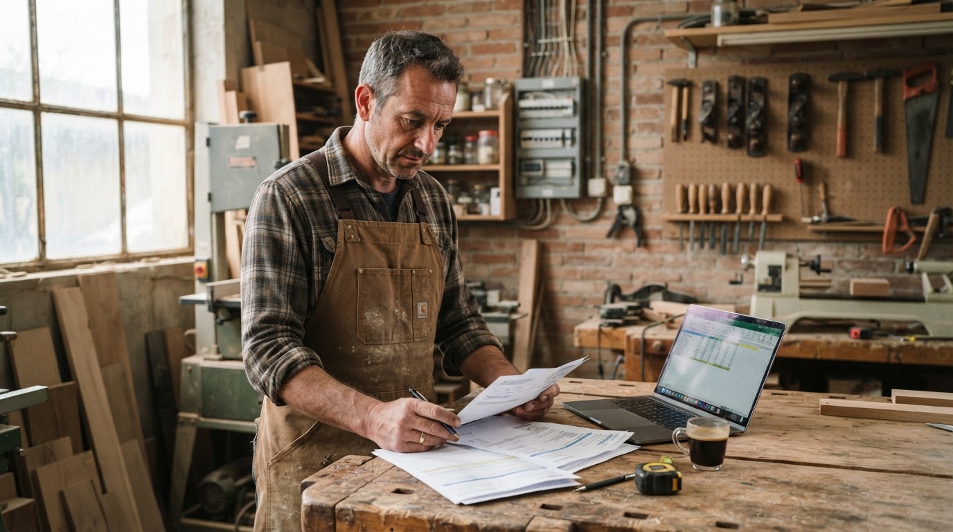 Un artisan compare deux offres d'électricité posées sur sa table.