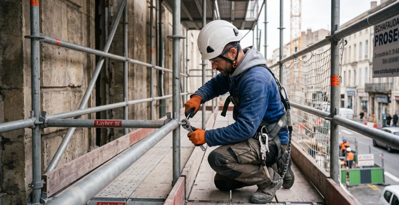 Un monteur vérifie le serrage d'un raccoupleur sur un échafaudage de chantier.