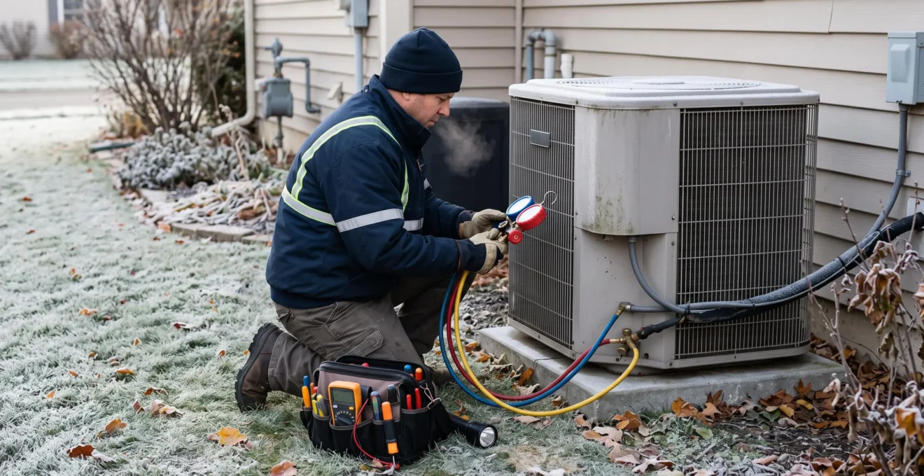 Un technicien vérifie les manomètres d'une thermopompe extérieure par temps froid.
