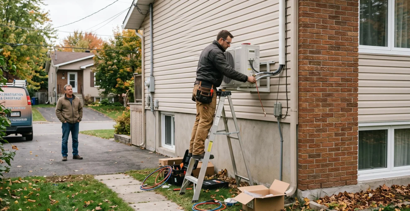 Un technicien installe une thermopompe murale sur le mur extérieur d'une maison.
